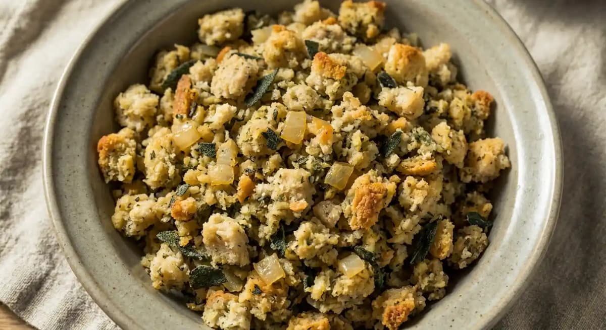 Sage & Onion Stuffing recipe served on a plate, by Mason's Restaurant