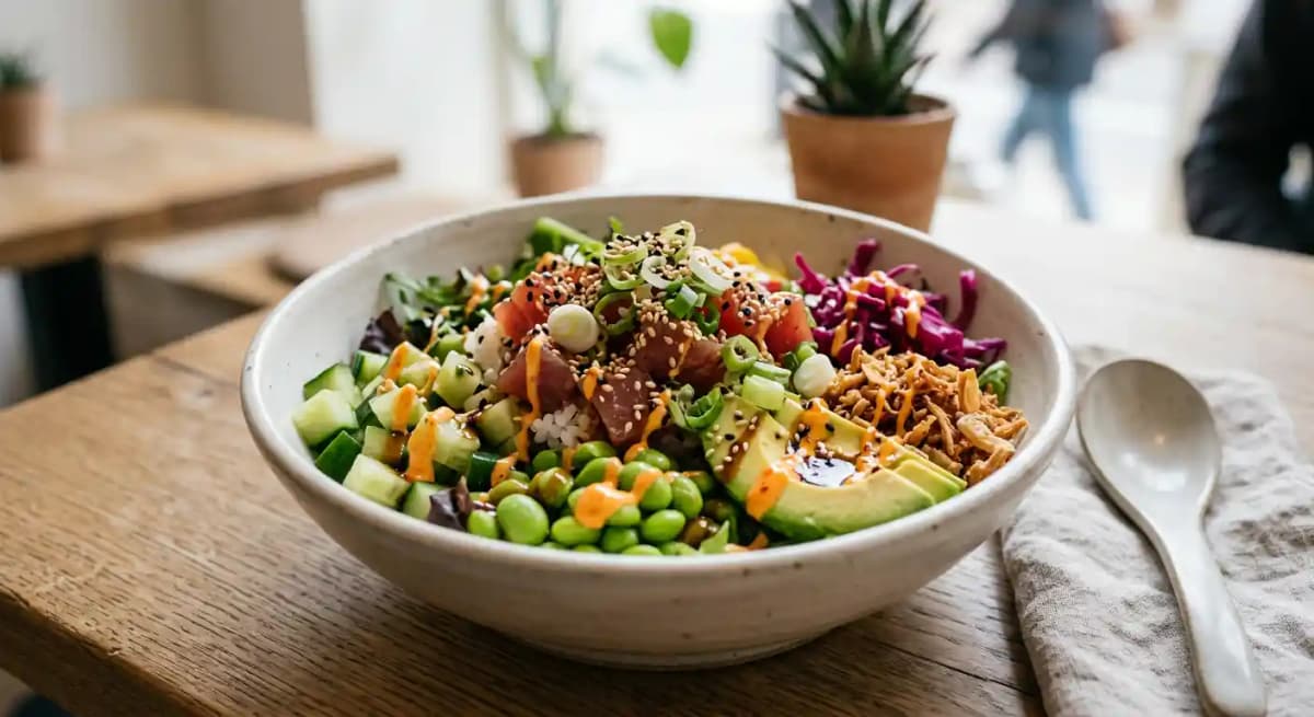 Poke Bowl recipe served on a plate, by Molly Woo's Asian Bistro
