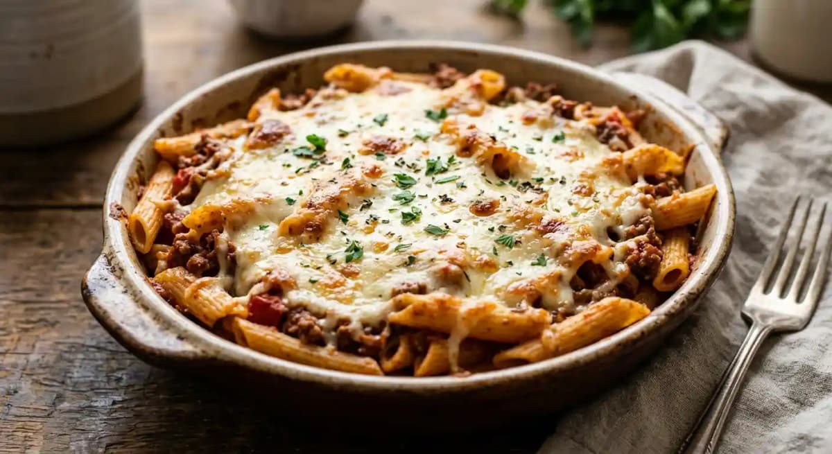 BAKED PENNE WITH MEAT SAUCE AND MOZZARELLA recipe served on a plate, by Roma Italian Restaurant
