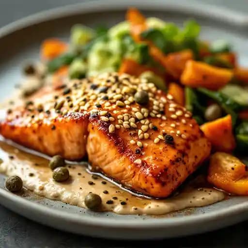 Butter miso sesame salmon recipe served on a plate, by Parallel Brothers Butter miso sesame salmon recipe served on a plate, by Parallel Brothers
