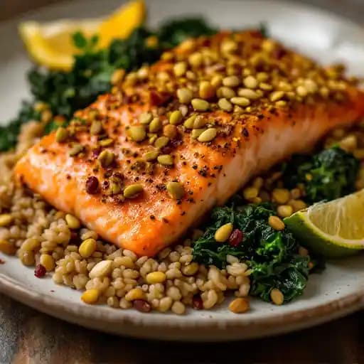 Pistachio Crusted Salmon recipe served on a plate, by Mise en Place