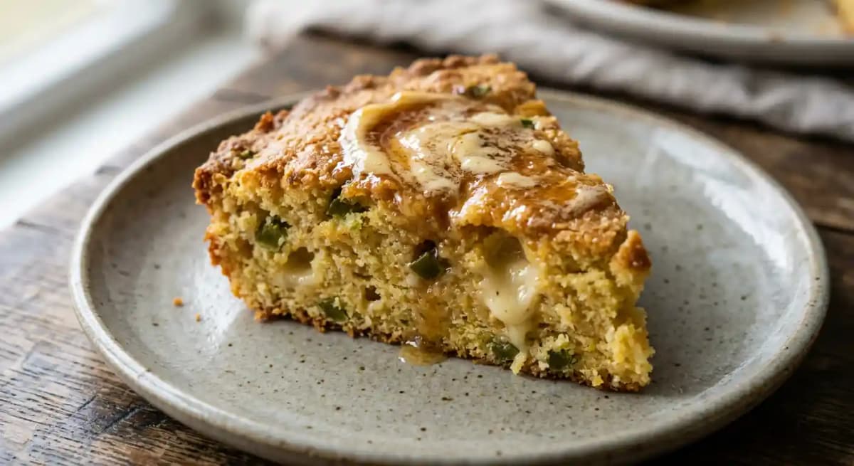 Monica’s Cornbread recipe served on a plate, by Juno & The Peacock