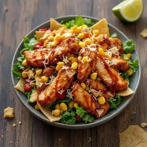 CRISPY BBQ CHICKEN SALAD recipe served on a plate, by Oak & Stone CRISPY BBQ CHICKEN SALAD recipe served on a plate, by Oak & Stone