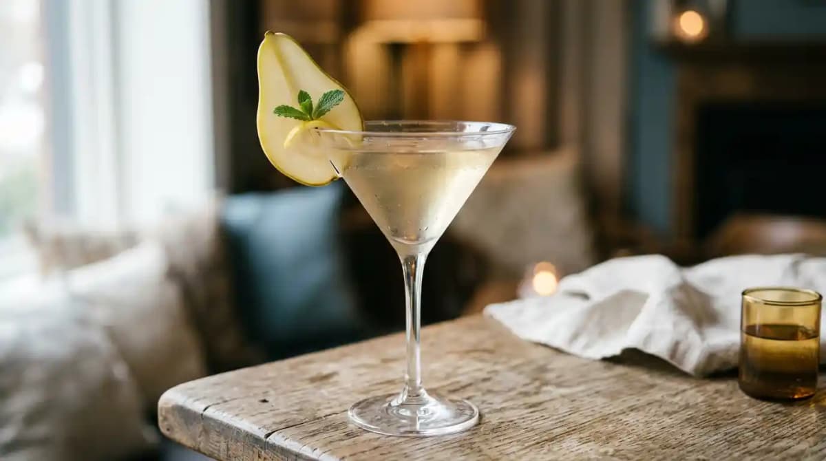 French Pear Martini recipe served in a glass, by Delucca Gaucho Pizza & Wine Plano