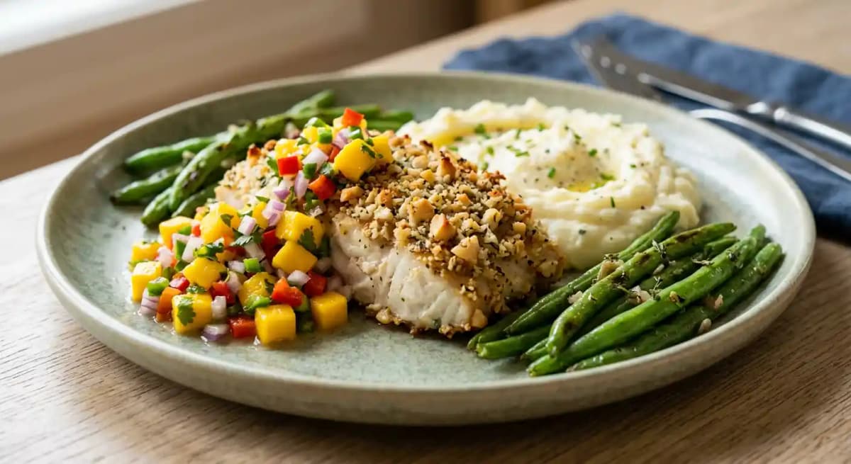 Macadamia crusted Mahi Mahi recipe served on a plate, by Chart House Waikiki