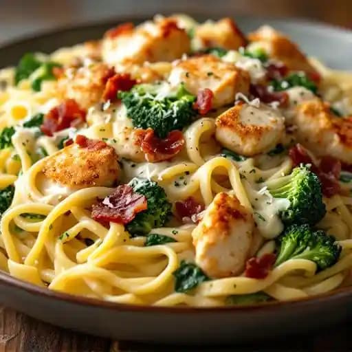 Crispy Chicken Bacon Alfredo recipe served on a plate, by Noodles and Company
