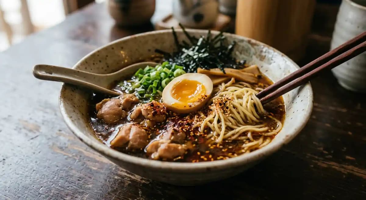 Spicy Oyako Shoyu Ramen recipe served on a plate, by Yats