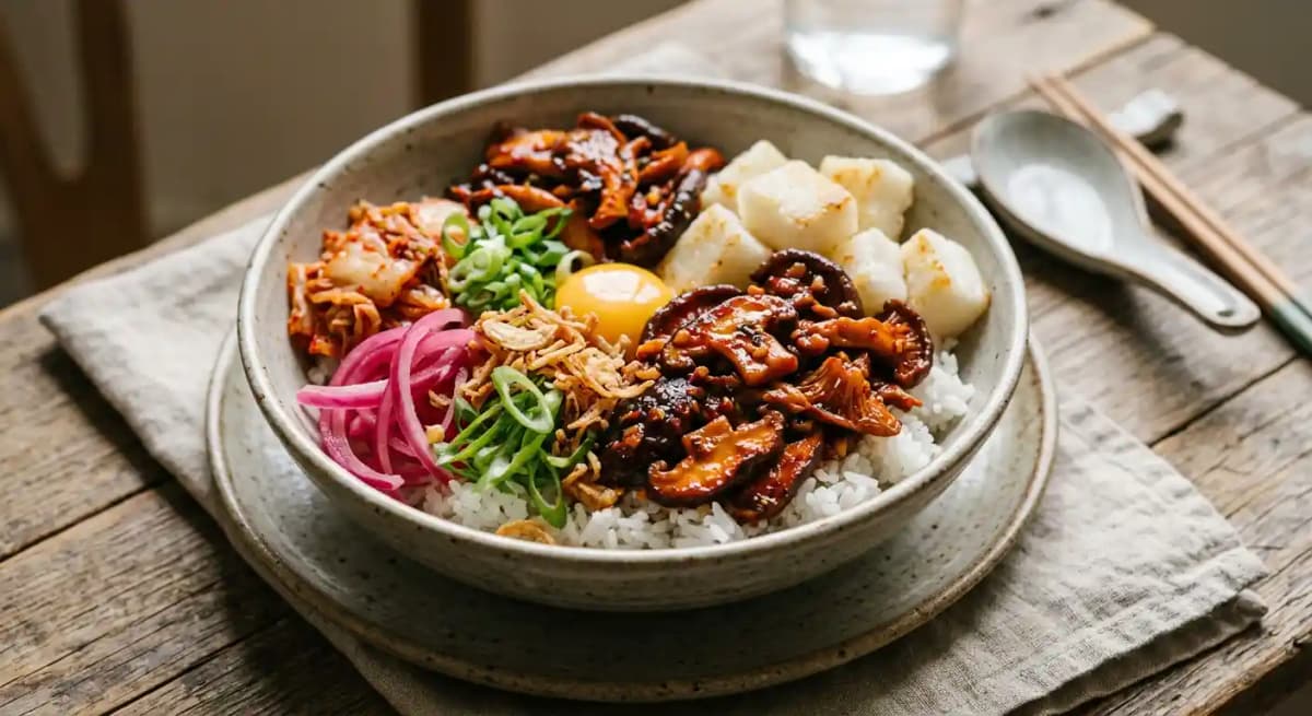 Gochujang Mushroom ' Bibimbap ' recipe served on a plate, by Black Radish Bar and Restaurant