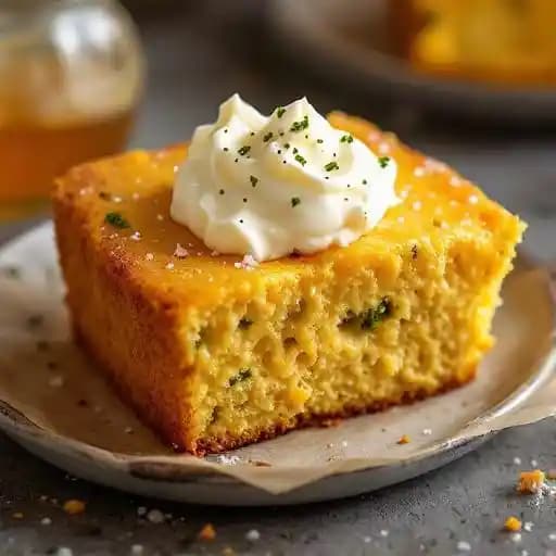 Jalapeño Cheddar Cornbread recipe served on a plate, by Nada