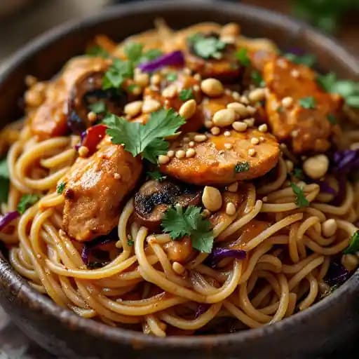 SPICY PEANUT CHICKEN NOODLES recipe served on a plate, by Louie's Wine Dive and Kitchen 119 SPICY PEANUT CHICKEN NOODLES recipe served on a plate, by Louie's Wine Dive and Kitchen 119