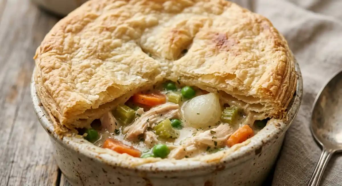 Chicken Pot Pie recipe served on a plate, by Shawn O'Donnell's American Grill and Irish Pub