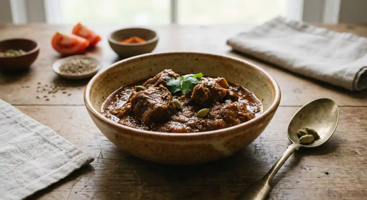 Lamb Rogan Josh recipe served on a plate, by Masala Mantra Indian Cuisine