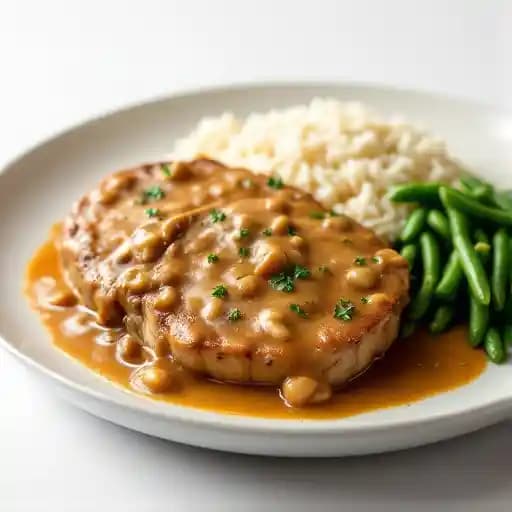 Smothered Pork Chops recipe served on a plate, by Goodwood Grill