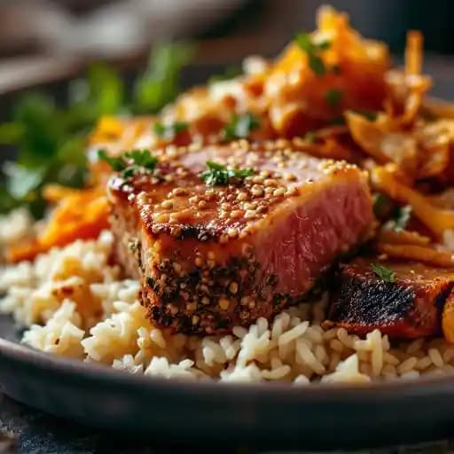 SESAME CRUSTED AHI TUNA recipe served on a plate, by Fish Bones Grill SESAME CRUSTED AHI TUNA recipe served on a plate, by Fish Bones Grill