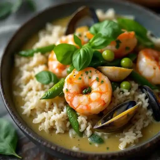 coconut green curry recipe served on a plate, by The Food Market