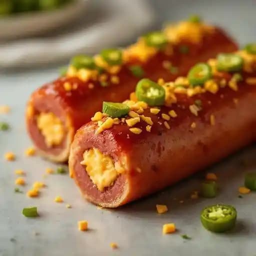SCQ cheddar jalapeño stuffed hot links recipe served on a plate, by Sweet Cheeks Q