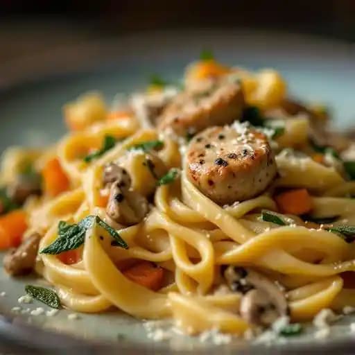 Chicken Sausage Fettuccine recipe served on a plate, by 75 Chestnut