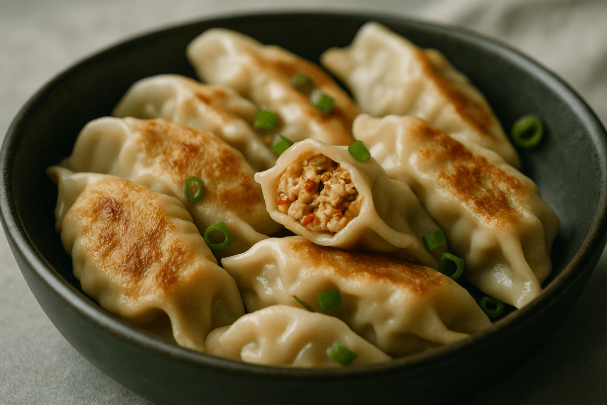 SPICY PORK GYOZA recipe served on a plate, by El Barrio SPICY PORK GYOZA recipe served on a plate, by El Barrio