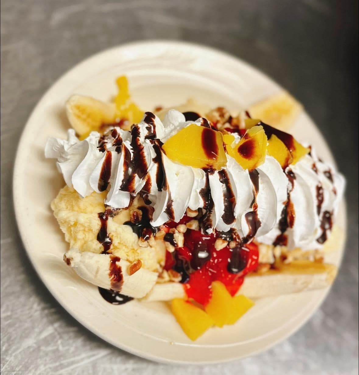 Banana Split recipe served on a plate, by Star 66 Cafe
