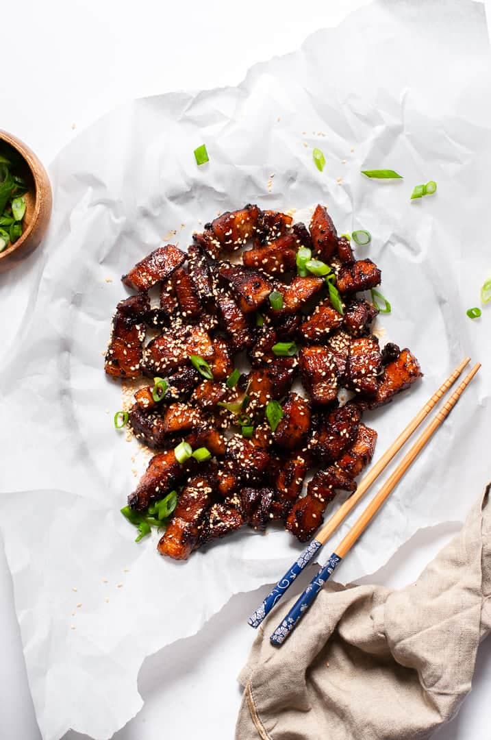 Charred Sakura Farms Pork Belly recipe served on a plate, by Marilena