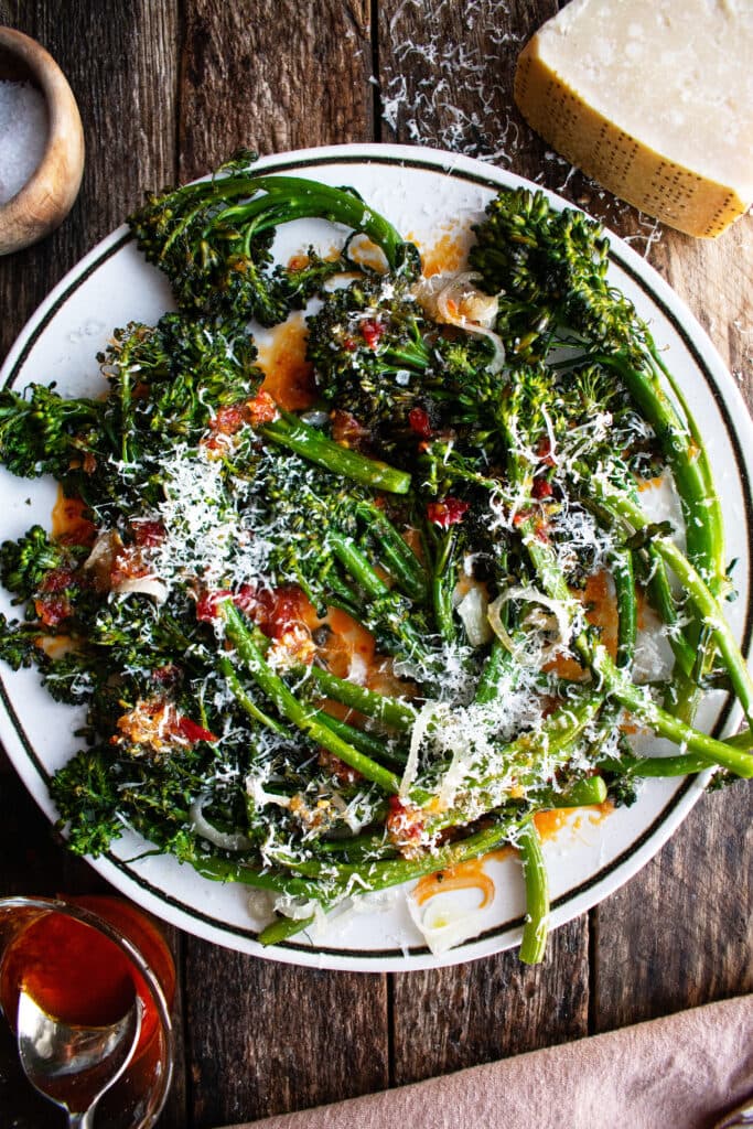 Grilled Broccolini recipe served on a plate, by Nightingale