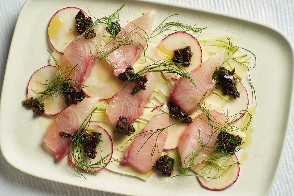 Kanpachi Crudo recipe served on a plate, by Nightingale