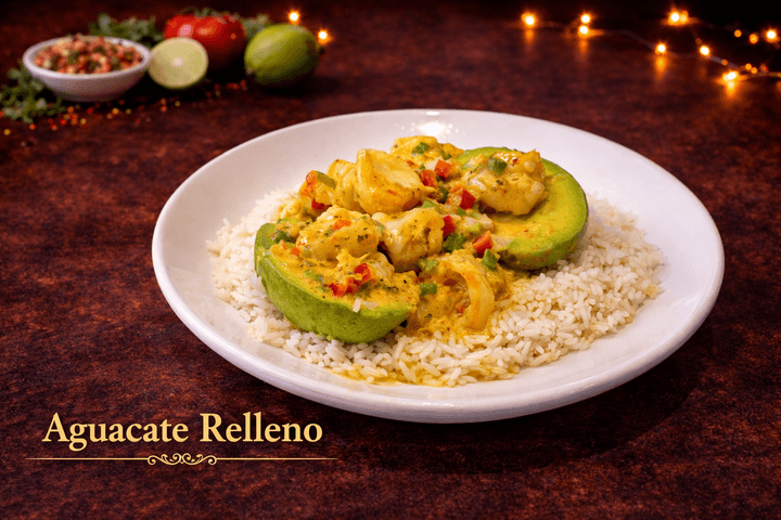 Aguacate Relleno recipe served on a plate, by Lozano's Mexican-Latin Cocina Aguacate Relleno recipe served on a plate, by Lozano's Mexican-Latin Cocina