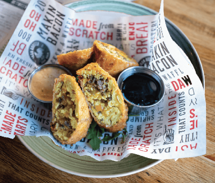 Bacon Waffles recipe served on a plate, by Iron Rooster- Annapolis Bacon Waffles recipe served on a plate, by Iron Rooster- Annapolis