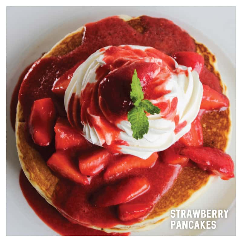 Strawberry Pancakes recipe served on a plate, by Datz - St. Pete Strawberry Pancakes recipe served on a plate, by Datz - St. Pete