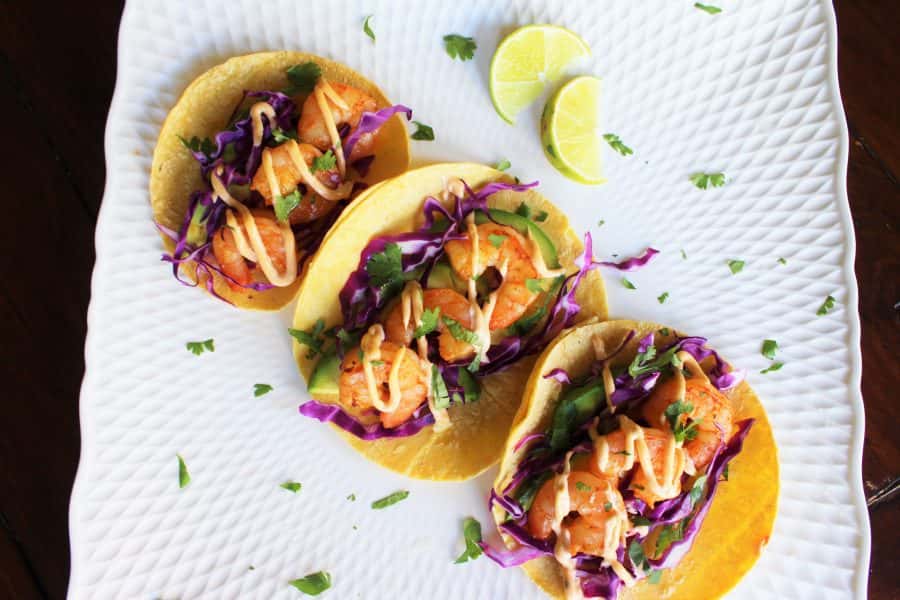 GF Prawn Tacos (2) recipe served on a plate, by Finns Victoria GF Prawn Tacos (2) recipe served on a plate, by Finns Victoria