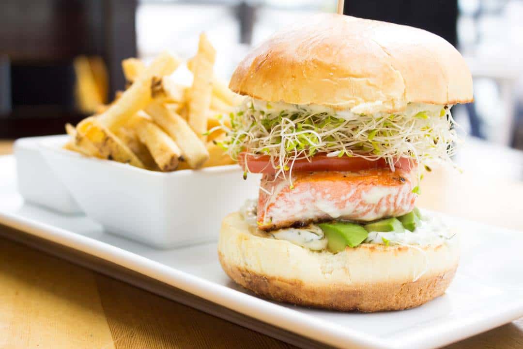 Wild Salmon Burger recipe served on a plate, by Finns Victoria Wild Salmon Burger recipe served on a plate, by Finns Victoria