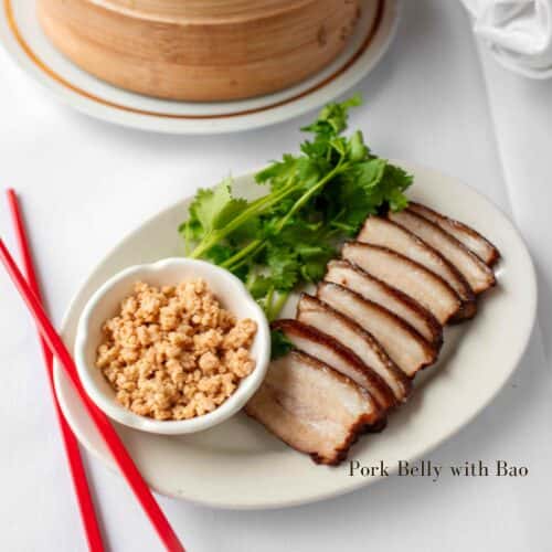 Pork Belly with Bao recipe served on a plate, by Frank Fat's Pork Belly with Bao recipe served on a plate, by Frank Fat's