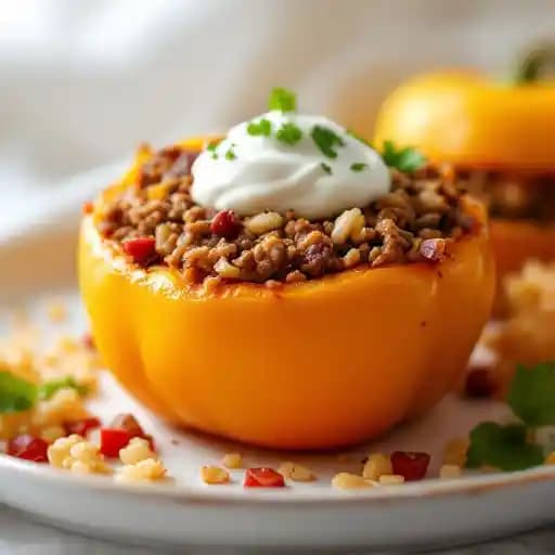 Stuffed Pepper recipe served on a plate, by Bucharest Bar & Grill Stuffed Pepper recipe served on a plate, by Bucharest Bar & Grill
