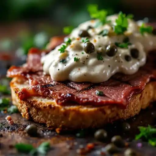 Grilled beef tongue bruschetta