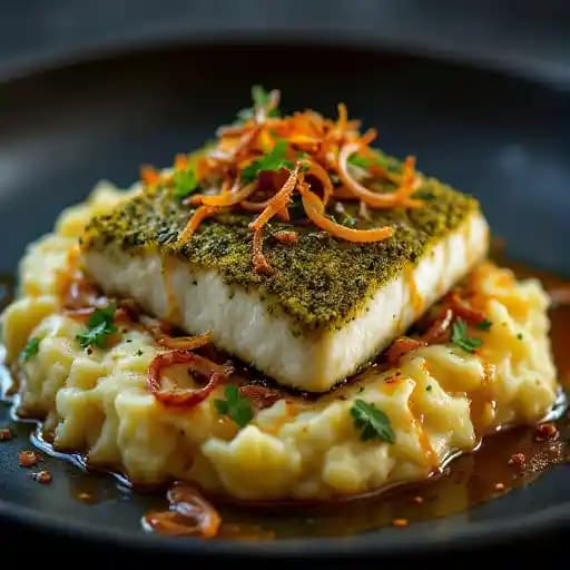 Pesto Crusted Sea Bass recipe served on a plate, by Zelo Pesto Crusted Sea Bass recipe served on a plate, by Zelo