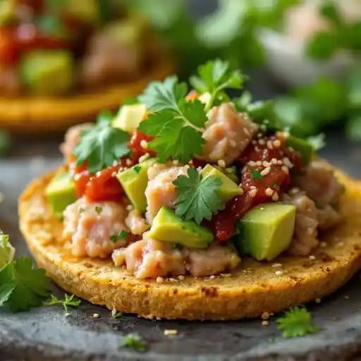 Tuna Tostada recipe served on a plate, by Colita Tuna Tostada recipe served on a plate, by Colita