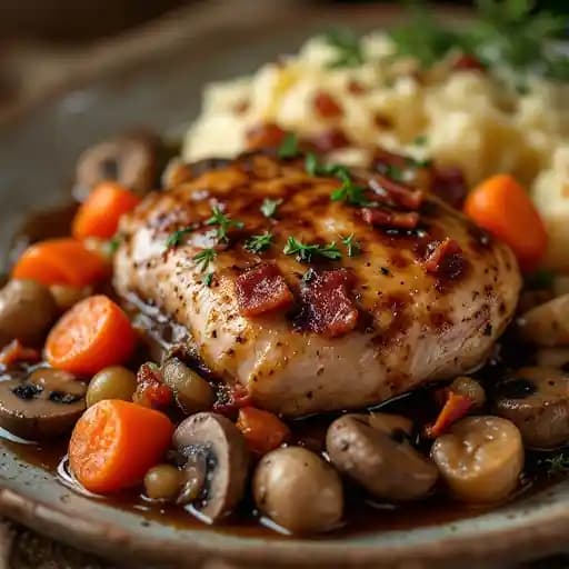 Coq Au Vin recipe served on a plate, by A-Side Public House Coq Au Vin recipe served on a plate, by A-Side Public House