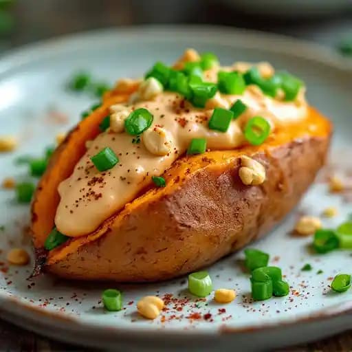 DOUBLE-BAKED SWEET POTATO recipe served on a plate, by Leña Restaurante DOUBLE-BAKED SWEET POTATO recipe served on a plate, by Leña Restaurante