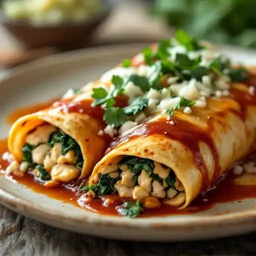 Chicken, Spinach, and Pepper Jack Enchiladas recipe served on a plate, by Juan Tequila's Long Beach, MS Chicken, Spinach, and Pepper Jack Enchiladas recipe served on a plate, by Juan Tequila's Long Beach, MS
