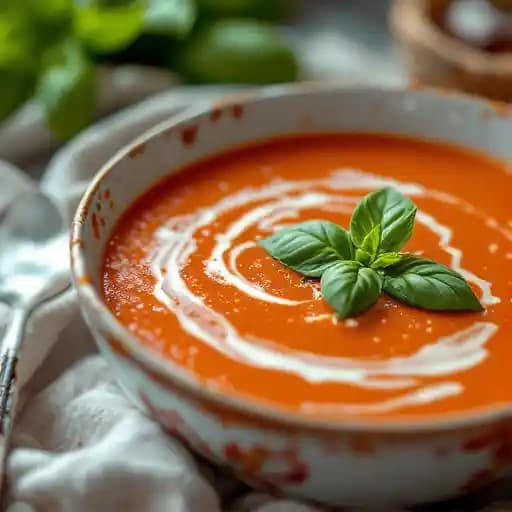 Tomato Basil Bisque recipe served on a plate, by Palace Buffet Tomato Basil Bisque recipe served on a plate, by Palace Buffet