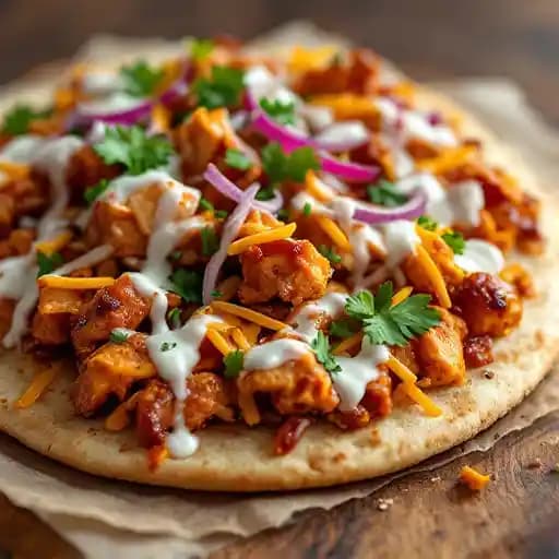 BBQ CHICKEN FLATBREAD recipe served on a plate, by Twisted Ranch BBQ CHICKEN FLATBREAD recipe served on a plate, by Twisted Ranch