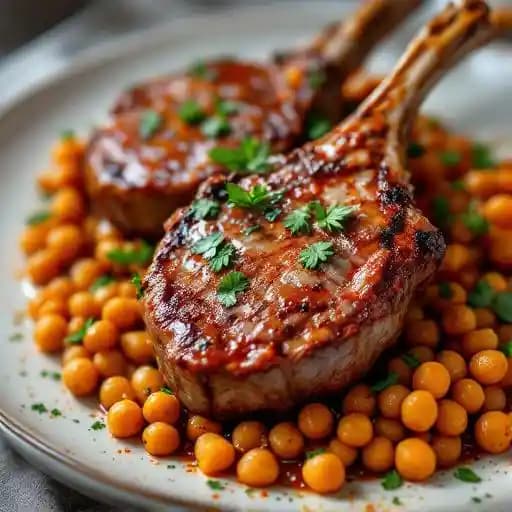 Harissa Spiced Lamb Chops recipe served on a plate, by Blood & Sand Harissa Spiced Lamb Chops recipe served on a plate, by Blood & Sand