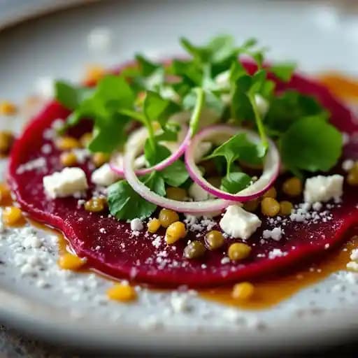 Beet Carpaccio recipe served on a plate, by The Bellwether Beet Carpaccio recipe served on a plate, by The Bellwether
