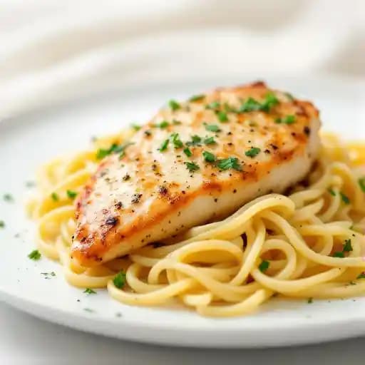 Chicken Piccata over lemon pepper pasta recipe served on a plate, by Cafe Berlin Chicken Piccata over lemon pepper pasta recipe served on a plate, by Cafe Berlin