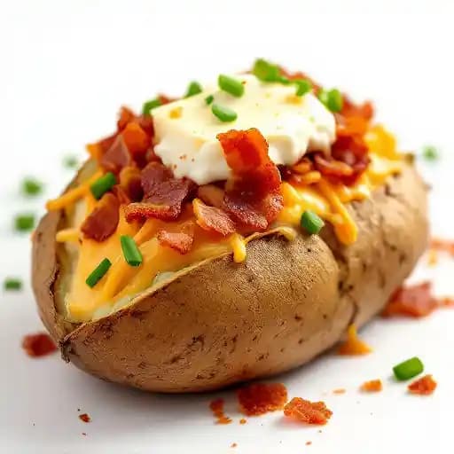 LOADED BAKED POTATO recipe served on a plate, by The Drover LOADED BAKED POTATO recipe served on a plate, by The Drover
