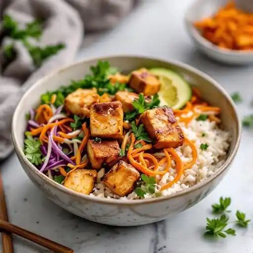 Crispy Tofu Bowl (vegan) recipe served on a plate, by JOEY Eaton Centre Crispy Tofu Bowl (vegan) recipe served on a plate, by JOEY Eaton Centre