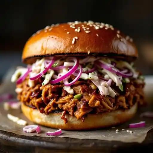 BBQ Pulled Chicken Sandwich recipe served on a plate, by The POST Restaurant BBQ Pulled Chicken Sandwich recipe served on a plate, by The POST Restaurant