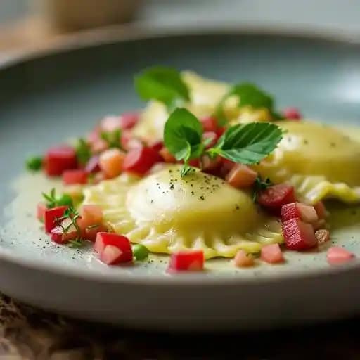 Spring Pea Ravioli recipe served on a plate, by Auberge du Pommier Spring Pea Ravioli recipe served on a plate, by Auberge du Pommier