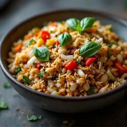 Basil Fried Rice recipe served on a plate, by 9 Thai Cuisine Basil Fried Rice recipe served on a plate, by 9 Thai Cuisine