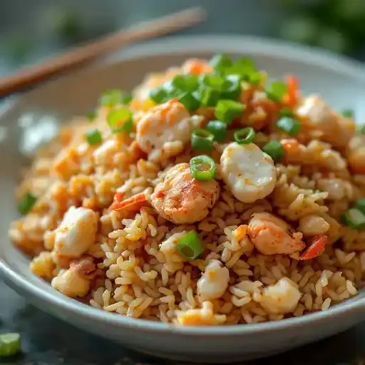 Crab Fried Rice recipe served on a plate, by 9 Thai Cuisine Crab Fried Rice recipe served on a plate, by 9 Thai Cuisine